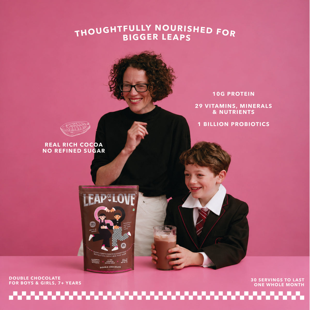 Mother and son in school uniform with Leap of Love Double Chocolate 1 kg bag and a glass of chocolate milk: 30 servings, a month